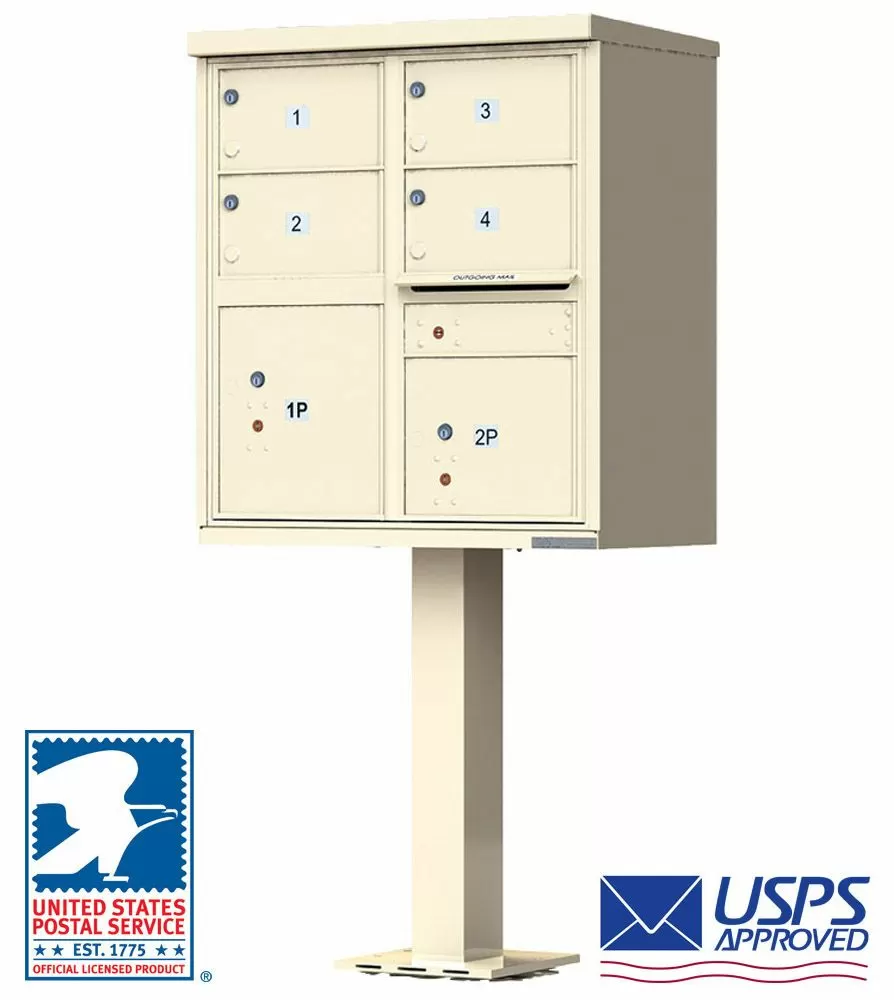 4 Door Cluster Mailbox CBU with 2 Parcel Lockers, Pedestal Included - USPS Approved