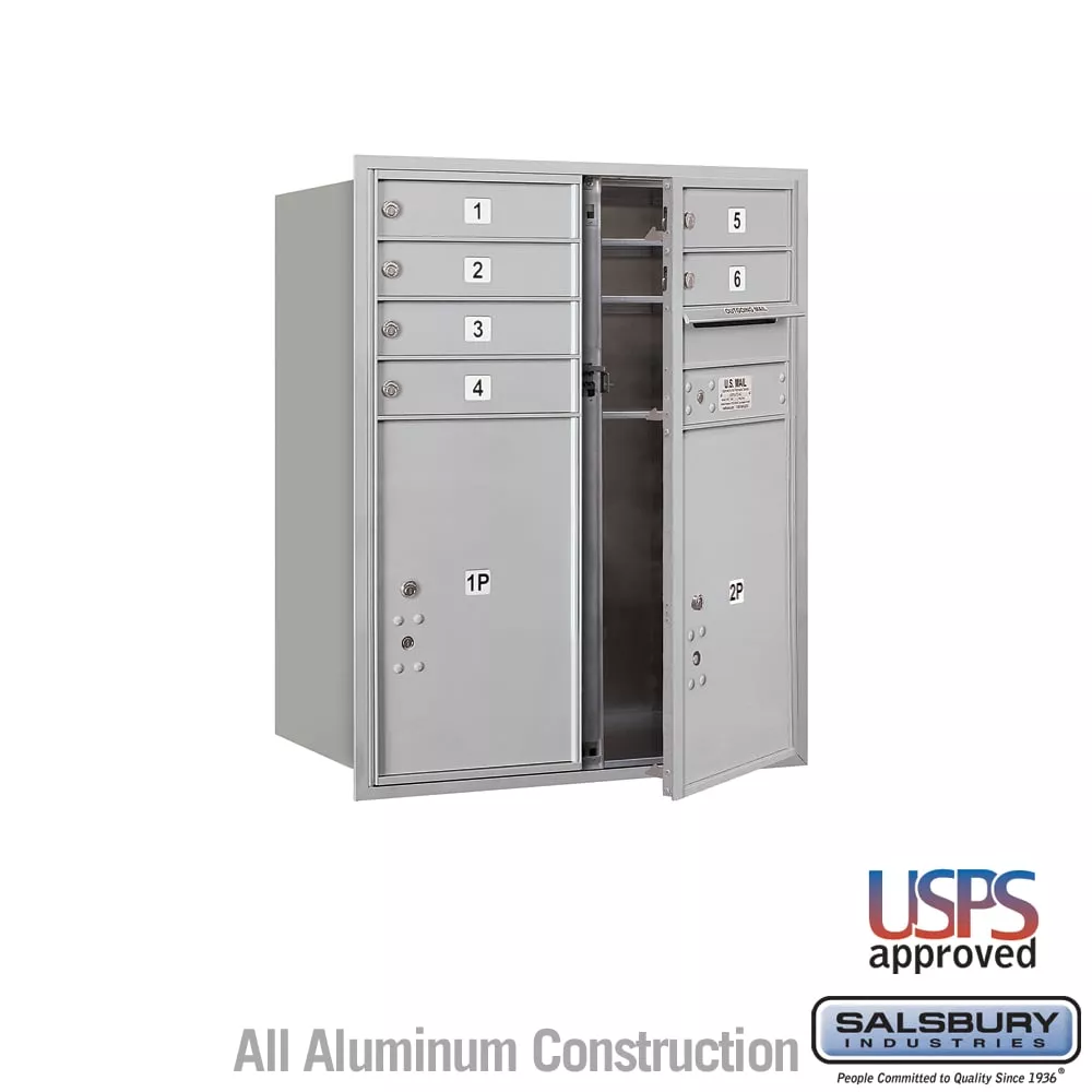 Salsbury 10 Door High Recessed Mounted 4C Horizontal Mailbox with 6 Doors and 2 Parcel Lockers USPS Access - Front Loading