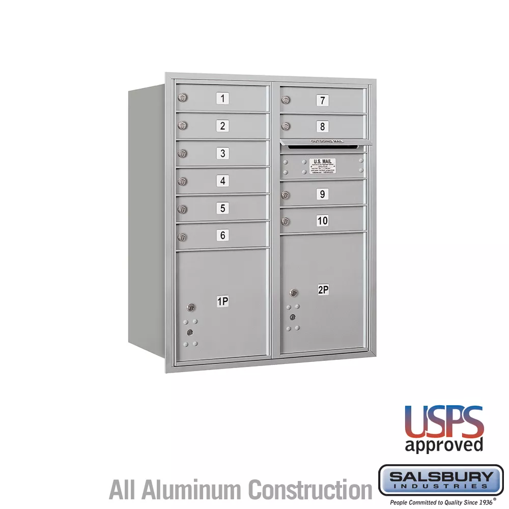 Salsbury 10 Door High Recessed Mounted 4C Horizontal Mailbox with 10 Doors and 2 Parcel Lockers with USPS Access - Rear Loading
