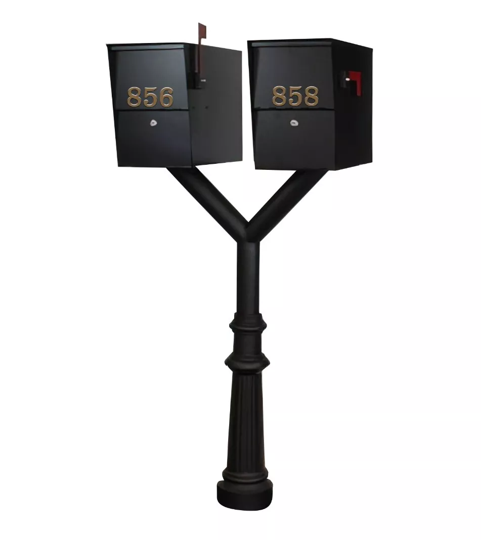 QualArc Penfield Twin Mailbox Post System, base 8 with two Letter Sentry mailboxes Black