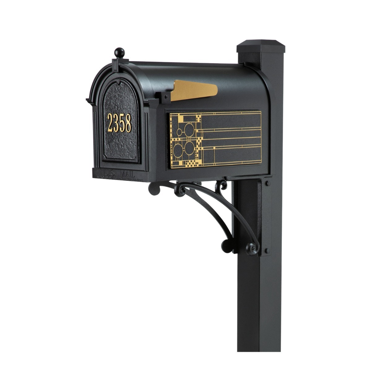 Whitehall Superior Mailbox Frank Lloyd Wright Coonley Package #1 (Capitol Mailbox, Superior Post, Personalized Door, Non-Personalized Coonley Side Plaques)