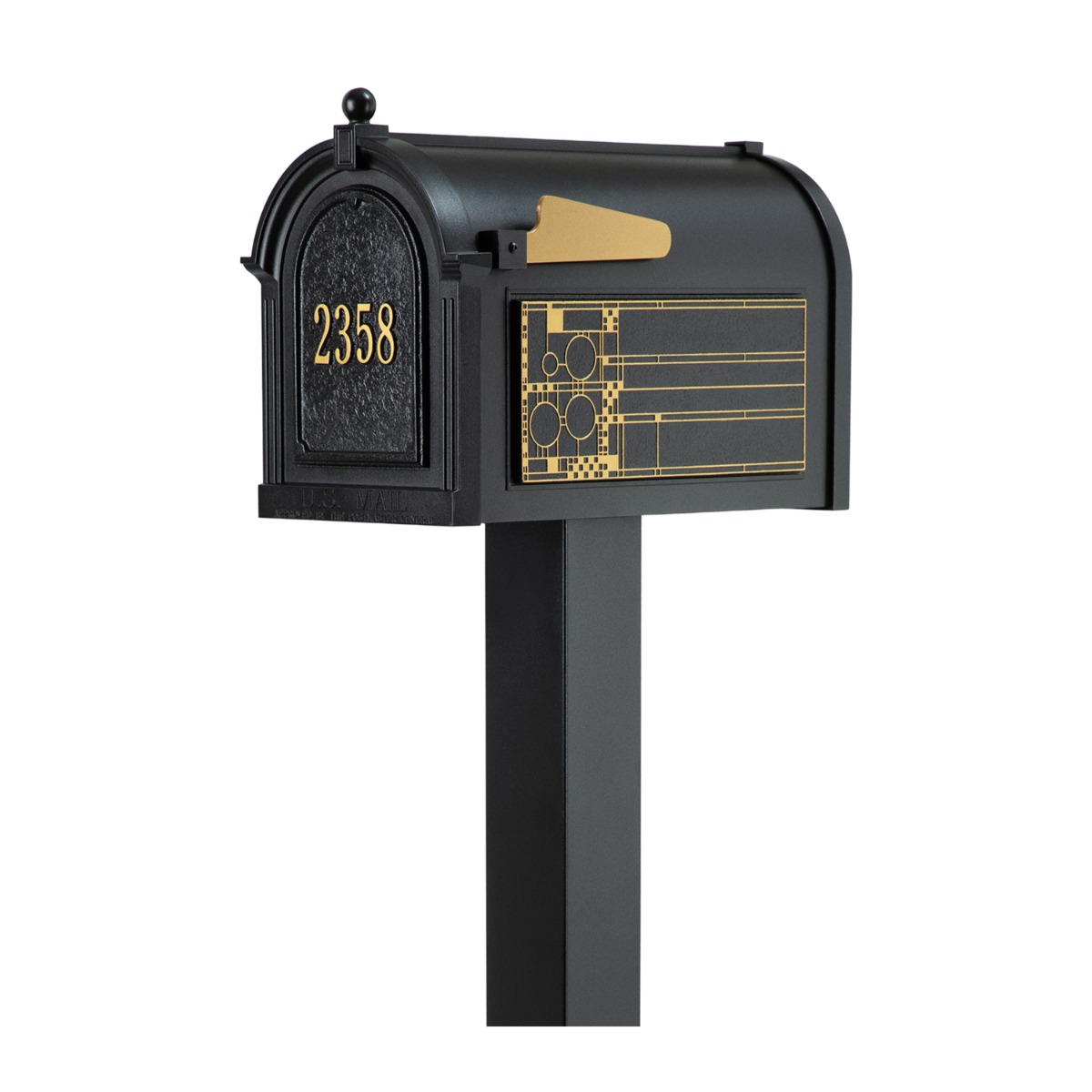 Whitehall Premium Mailbox Frank Lloyd Wright Coonley Package #1 (Capitol Mailbox, Standard Post, Personalized Door, Non-Personalized Coonley Side Plaques)