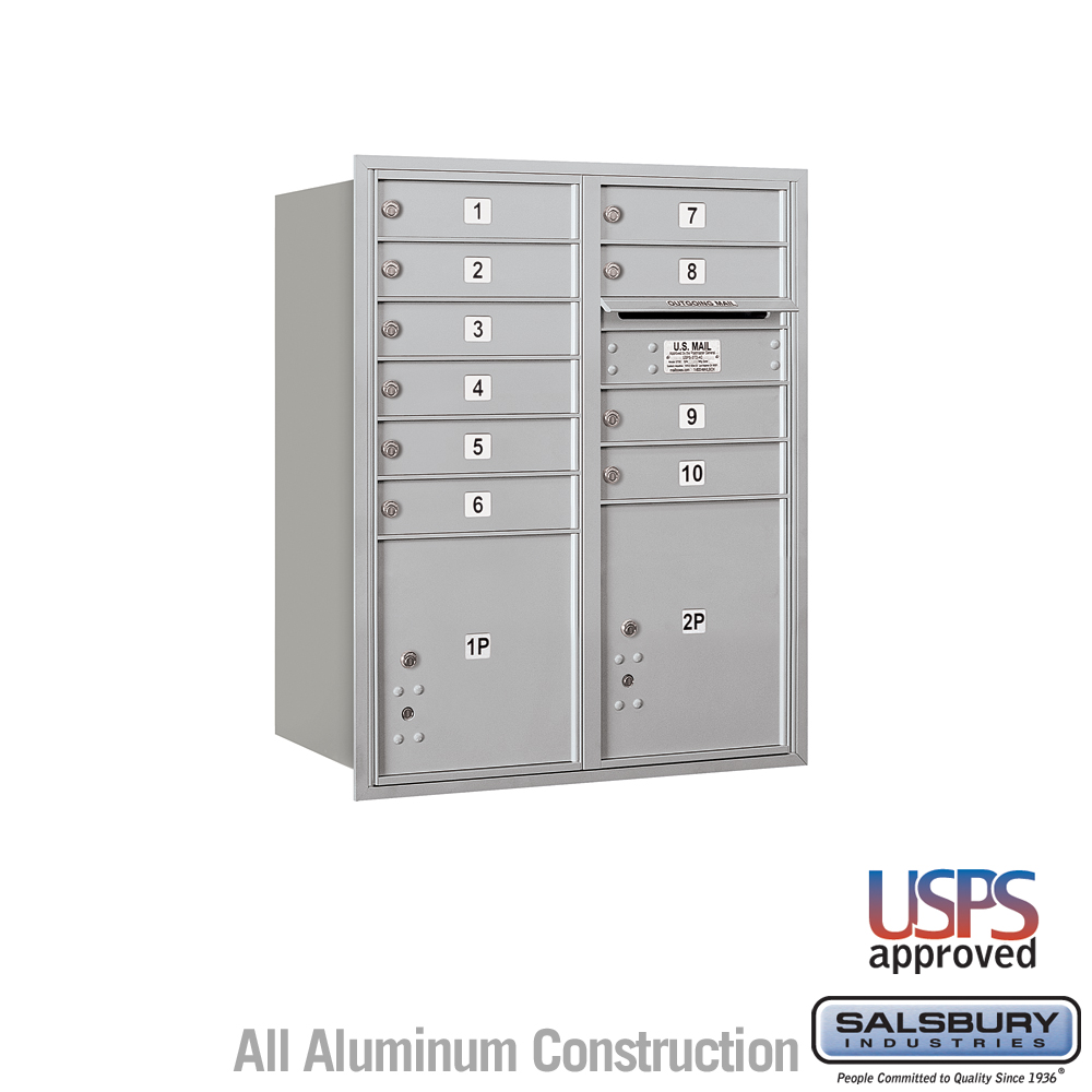 Salsbury 10 Door High Recessed Mounted 4C Horizontal Mailbox with 10 Doors and 2 Parcel Lockers with USPS Access - Rear Loading