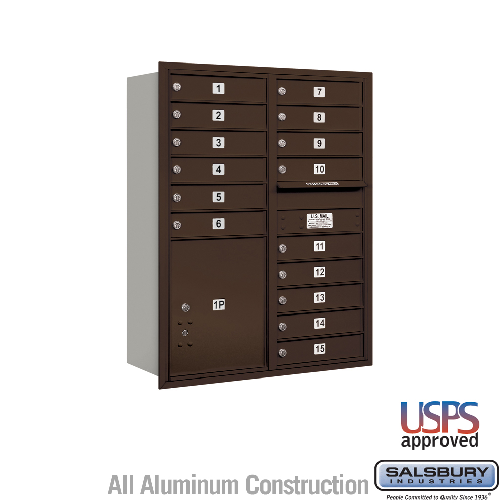 Salsbury 11 Door High Recessed Mounted 4C Horizontal Mailbox with 15 Doors and 1 Parcel Locker with USPS Access - Rear Loading
