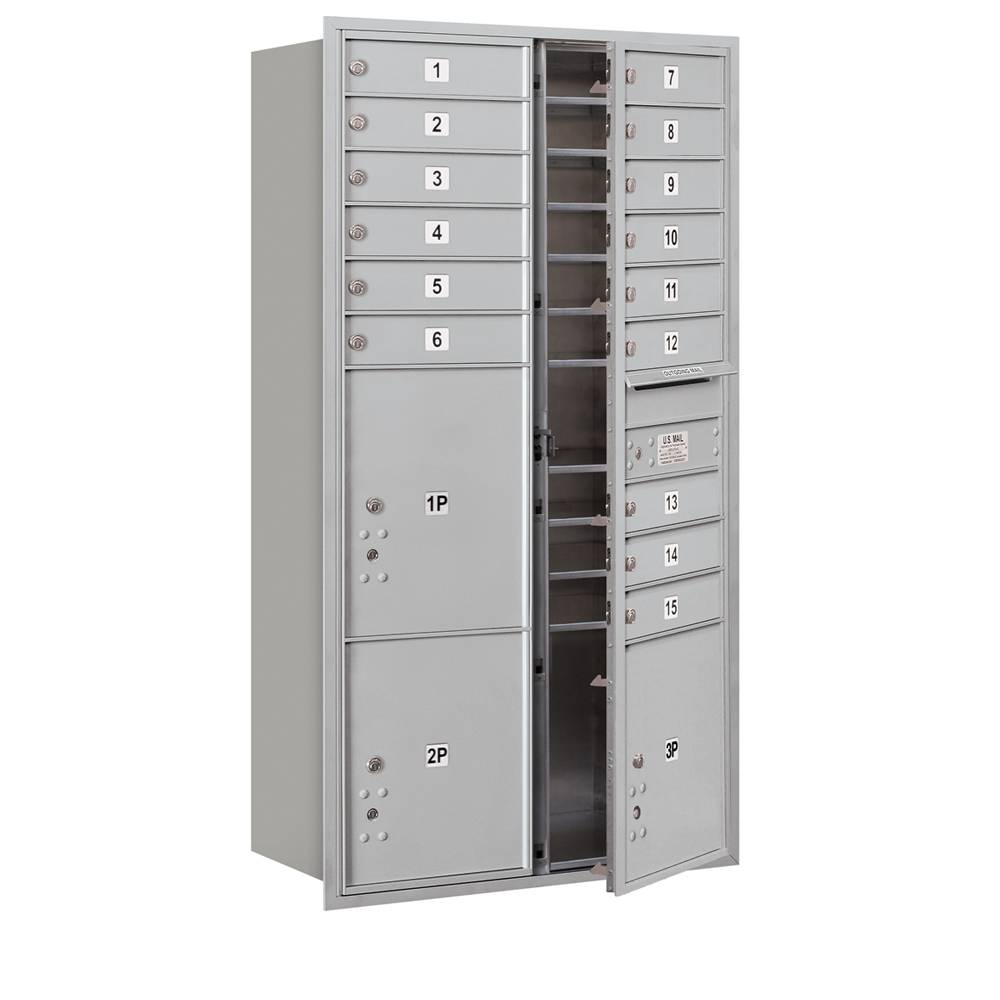 Salsbury Maximum Height Recessed Mounted 4C Horizontal Mailbox with 15 Doors and 3 Parcel Lockers with USPS Access - Front Loading