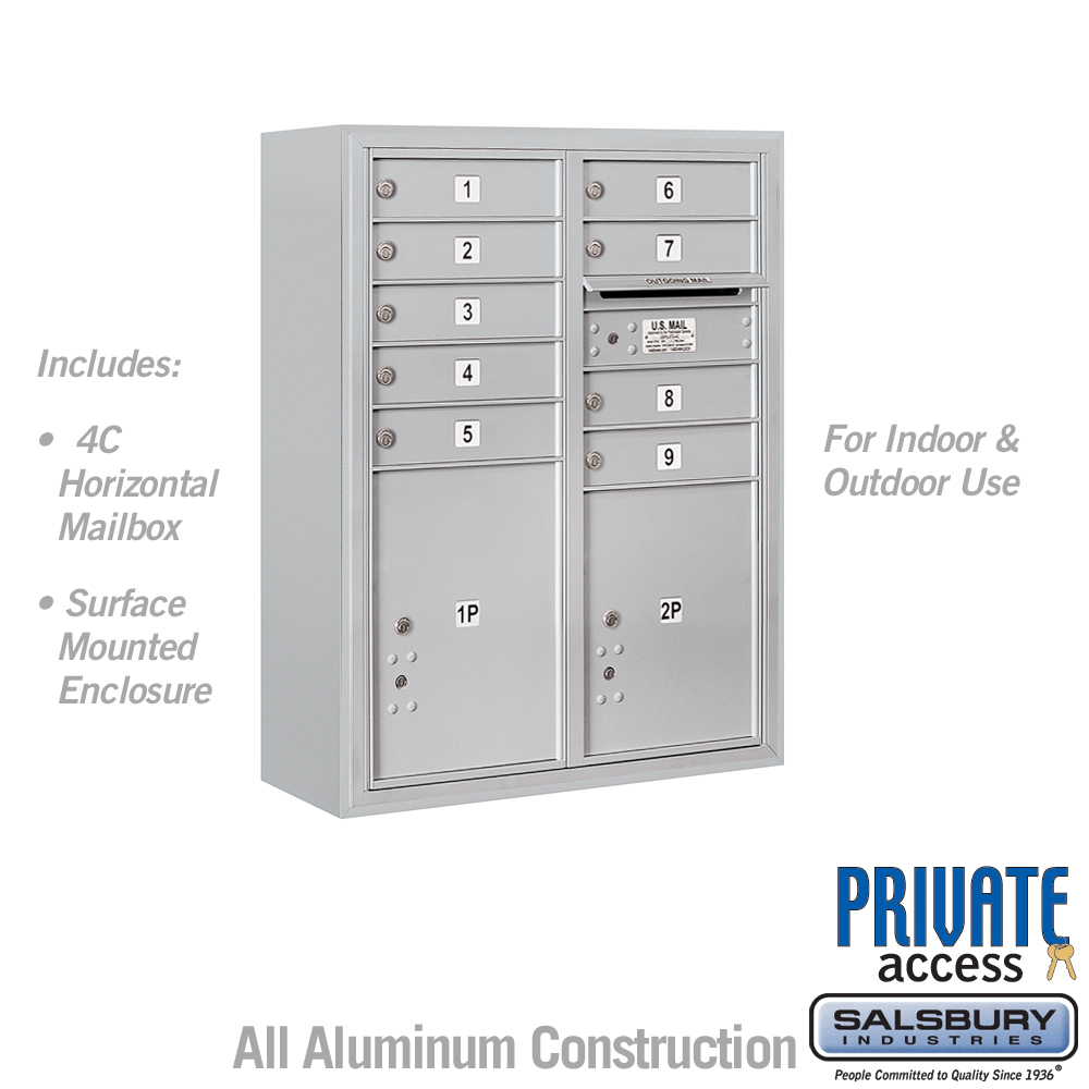 Salsbury 10 Door High Surface Mounted 4C Horizontal Mailbox with 9 Doors and 2 Parcel Lockers with Private Access