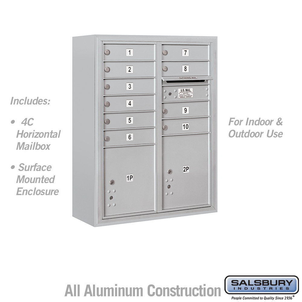 Salsbury 10 Door High Surface Mounted 4C Horizontal Mailbox with 10 Doors and 2 Parcel Lockers with USPS Access