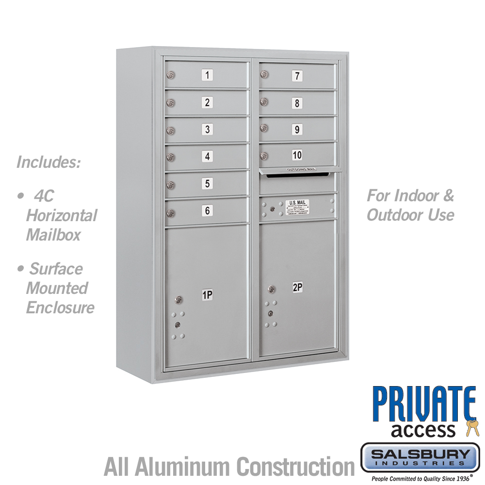 Salsbury 11 Door High Surface Mounted 4C Horizontal Mailbox with 10 Doors and 2 Parcel Lockers with Private Access