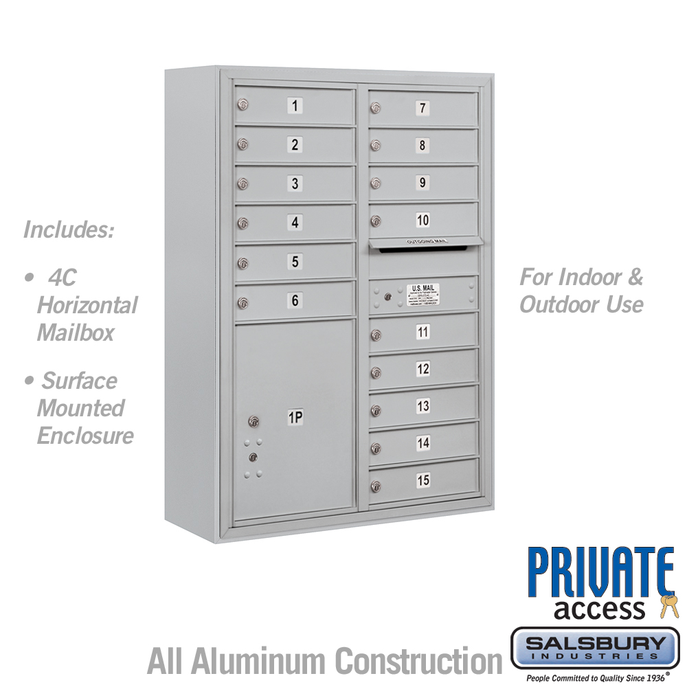 Salsbury 11 Door High Surface Mounted 4C Horizontal Mailbox with 15 Doors and 1 Parcel Locker with Private Access