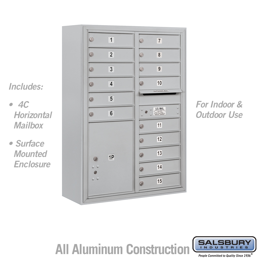 Salsbury 11 Door High Surface Mounted 4C Horizontal Mailbox with 15 Doors and 1 Parcel Locker with USPS Access