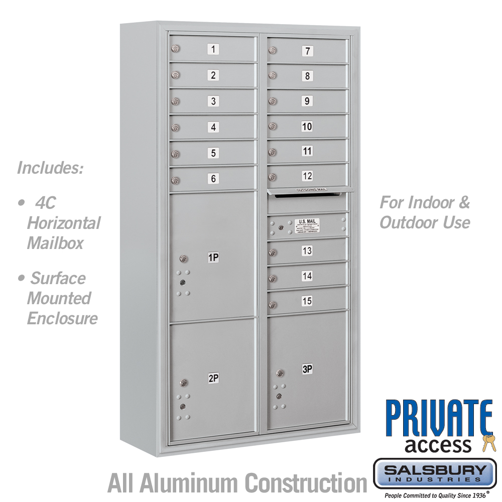 Salsbury Maximum Height Surface Mounted 4C Horizontal Mailbox with 15 Doors and 3 Parcel Lockers with Private Access