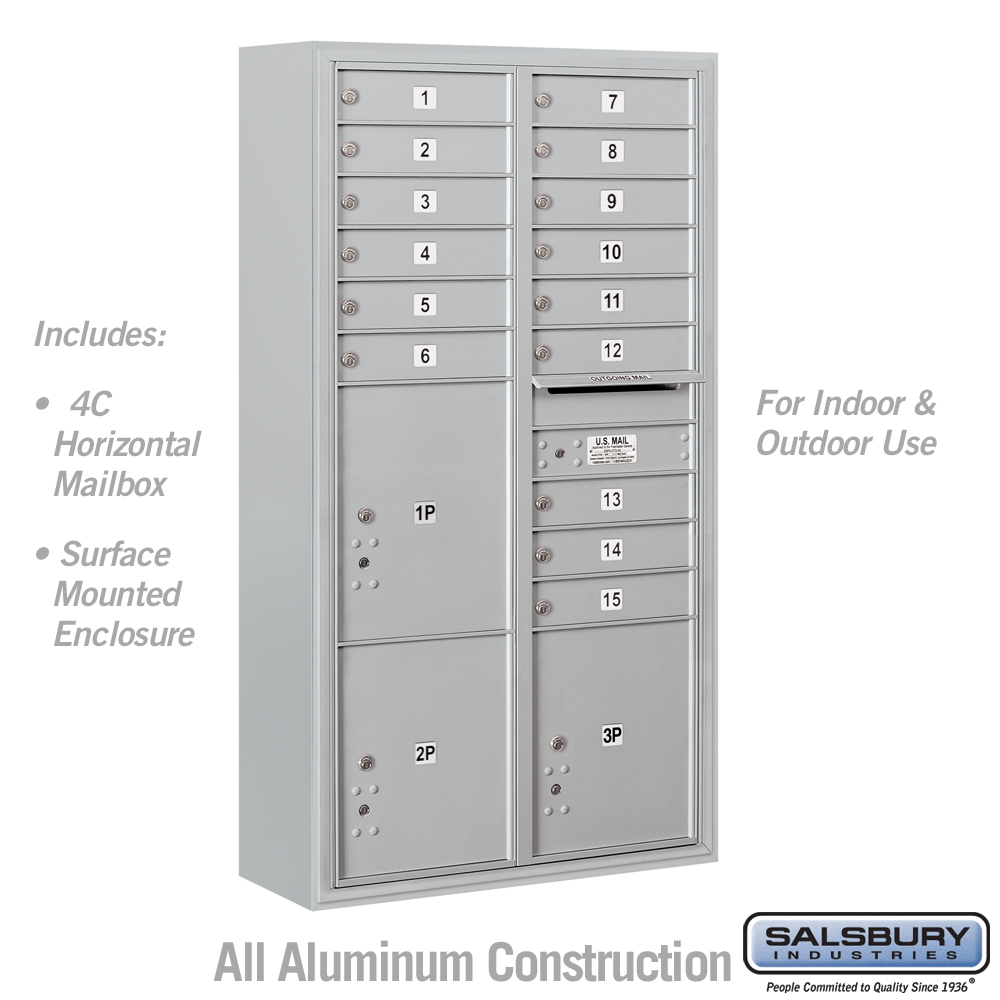 Salsbury Maximum Height Surface Mounted 4C Horizontal Mailbox with 15 Doors and 3 Parcel Lockers with USPS Access