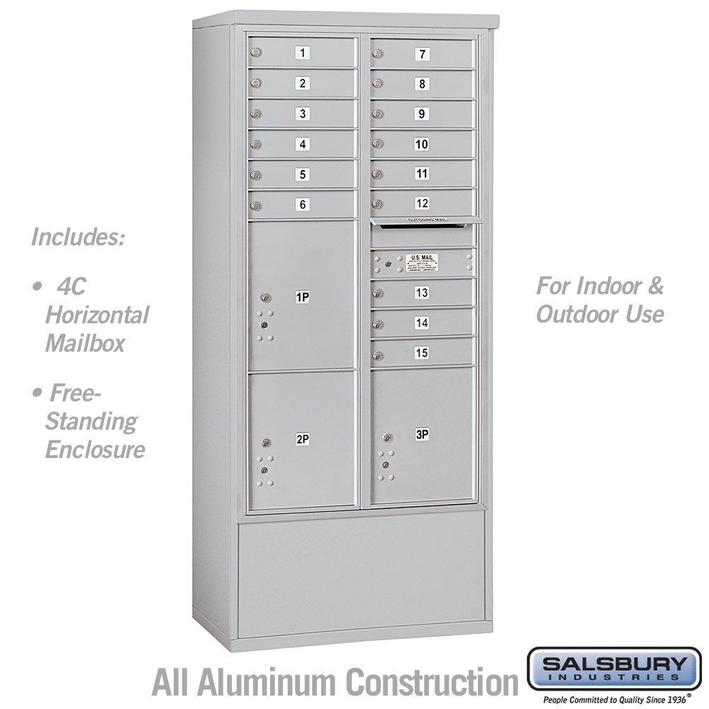 Salsbury Maximum Height Free-Standing 4C Horizontal Mailbox with 15 Doors and 3 Parcel Lockers with USPS Access