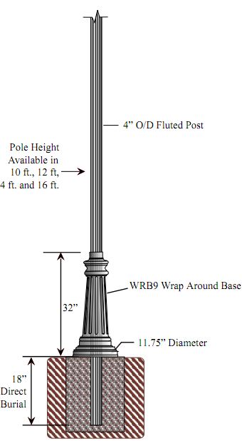 4 inch Diameter Fluted Aluminum Direct Burial Commercial Light Pole with WRB9 Base