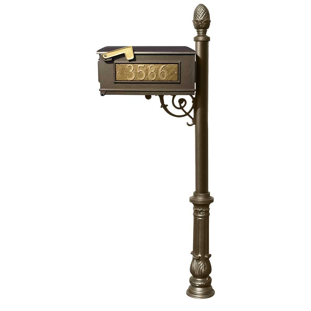 Lewiston Mailbox and Lewiston Post (with Ornate Base and Pineapple Finial), with 3 Address Plates (Sides, Front) and Support Brace