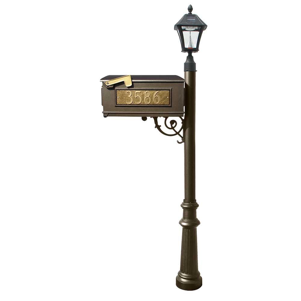 Lewiston Mailbox and Lewiston Post with 3 Address Plates (Sides, Front), Support Brace and Fluted Base, with Black Bayview Solar Lamp