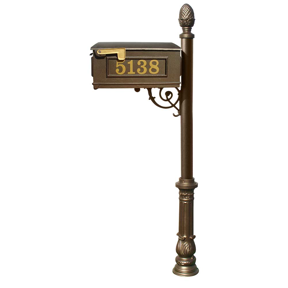 Lewiston Mailbox and Lewiston Post (with Ornate Base and Pineapple Finial), with Vinyl Numbers and Support Brace