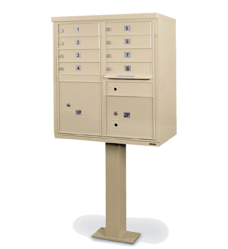 USPS-Approved Postal Products 8 Door F-Spec Cluster Mailbox CBU with 2 Parcel Lockers, Standard Numbering and Pedestal Included