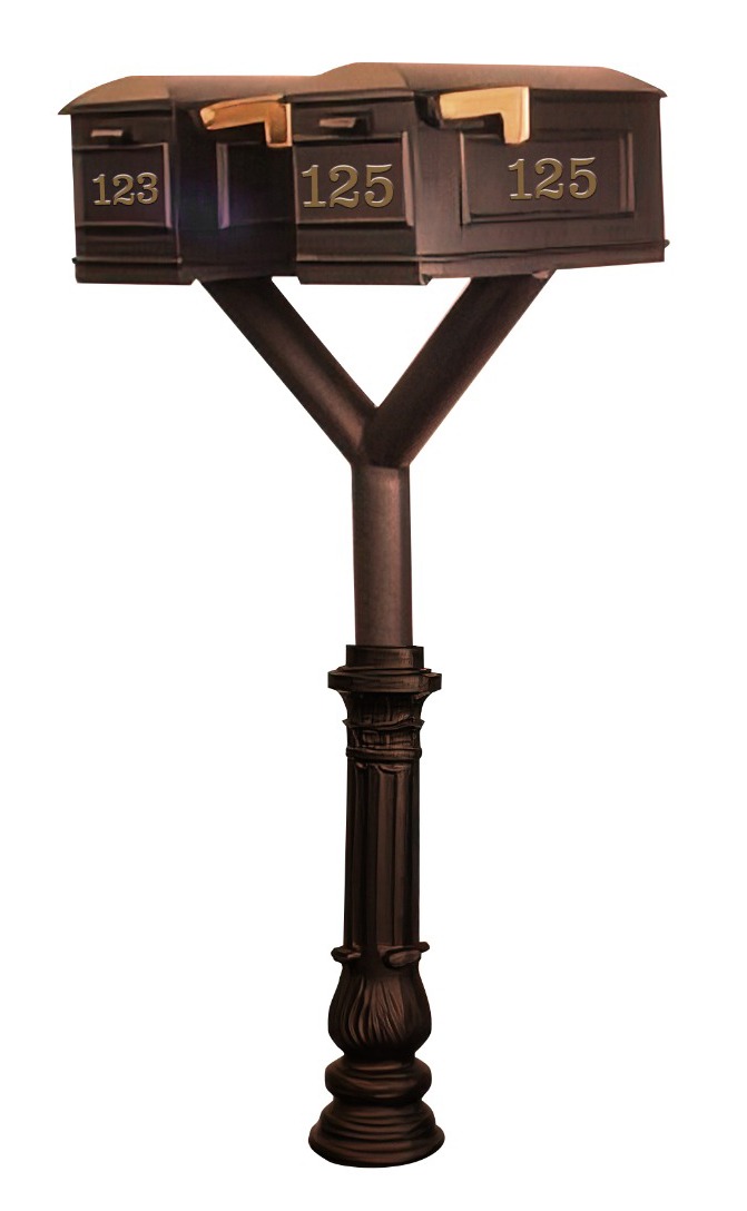QualArc Penfield Twin Mailbox Post System, base 7 with two Lewiston Mailboxes Bronze
